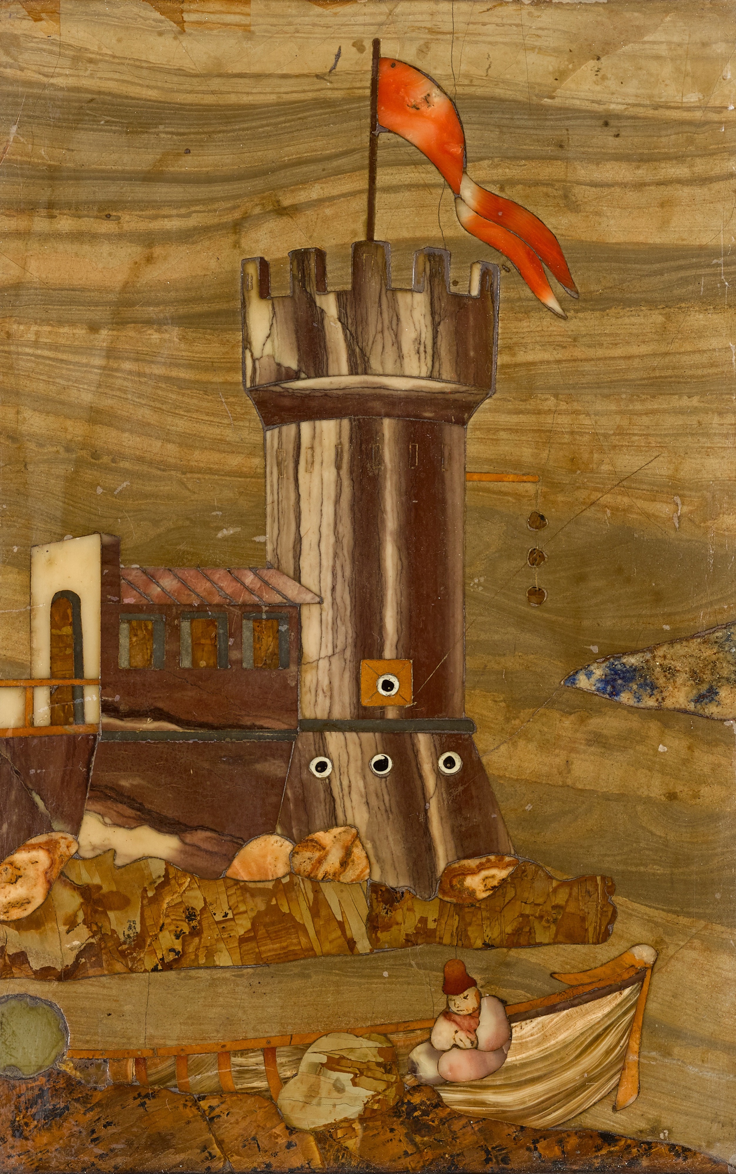 An Italian Florentine marble, hard stones and pietre tenere panel of the the Gran Ducal workshop, depicting a part of a tower fortification sea with a  red  flag  and a small boat with a figure.